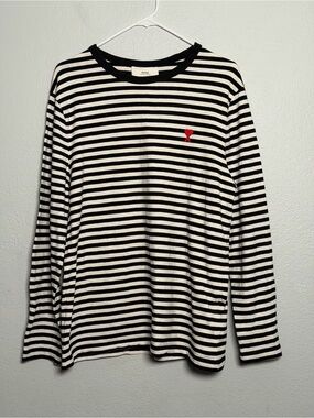 Ami Alexandre Mattiussi Black & White Striped Long-Sleeve Tee with Red Heart